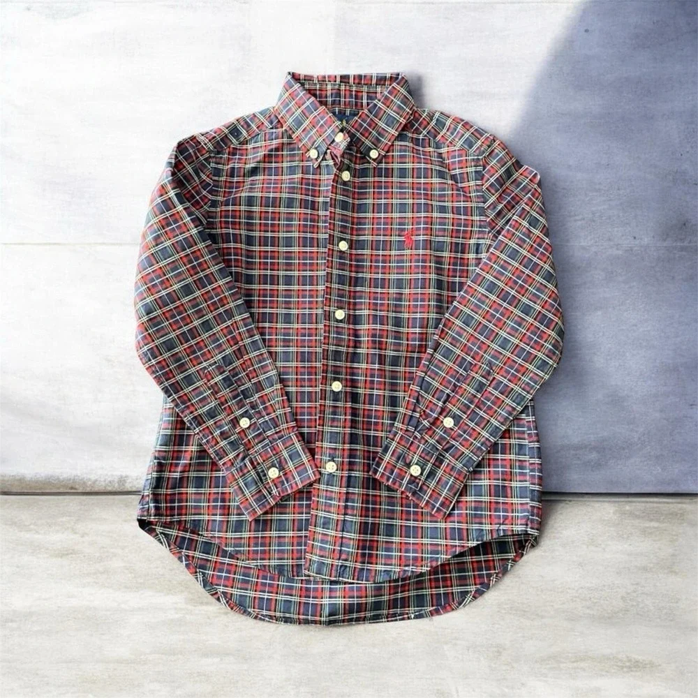 Polo Ralph Lauren Boy Size 5 Plaid Button Down Shirt Navy Red Long Sleeve Cotton